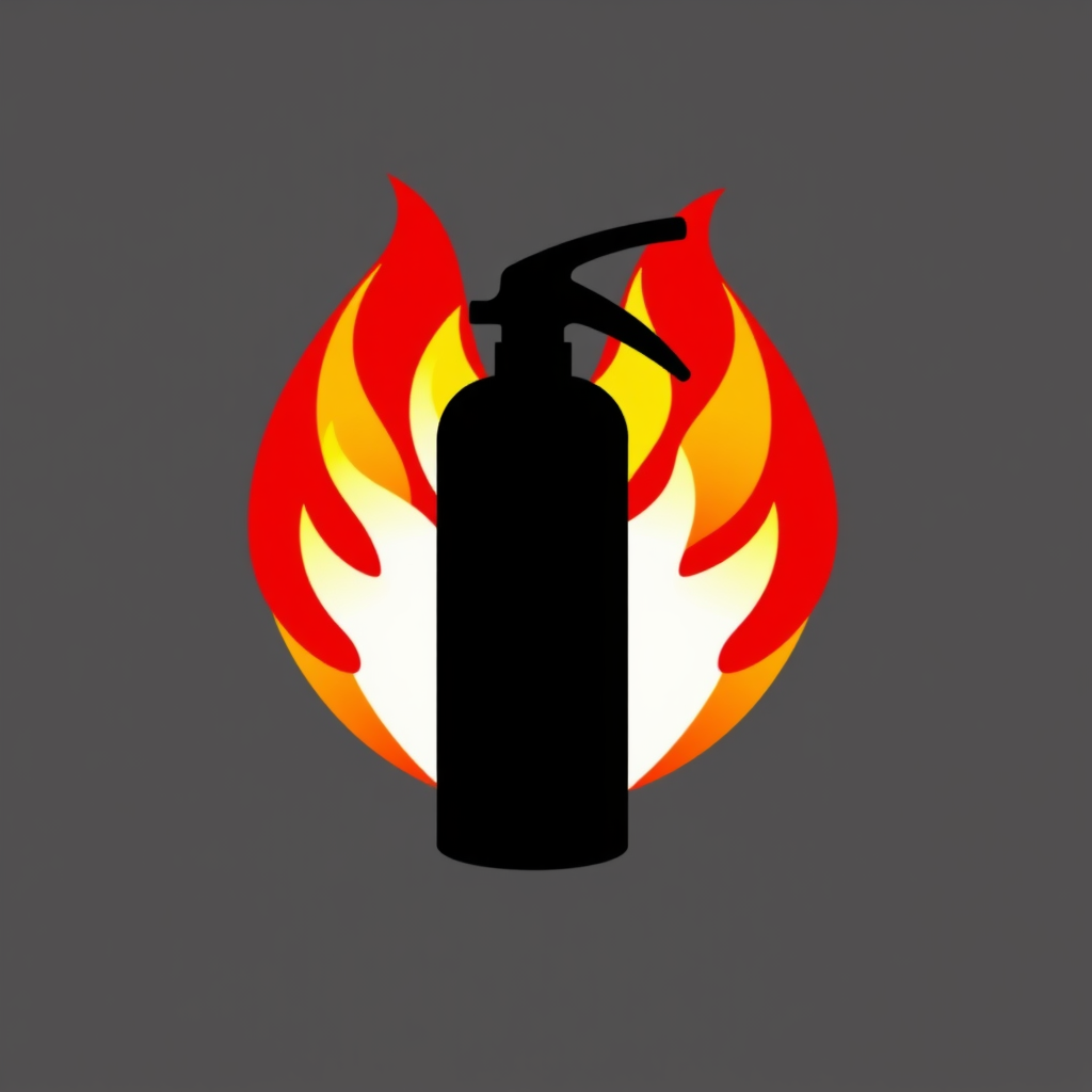 An icon featuring a minimalist fire extinguisher silhouette with a bold, graphic fire pattern overlaid.