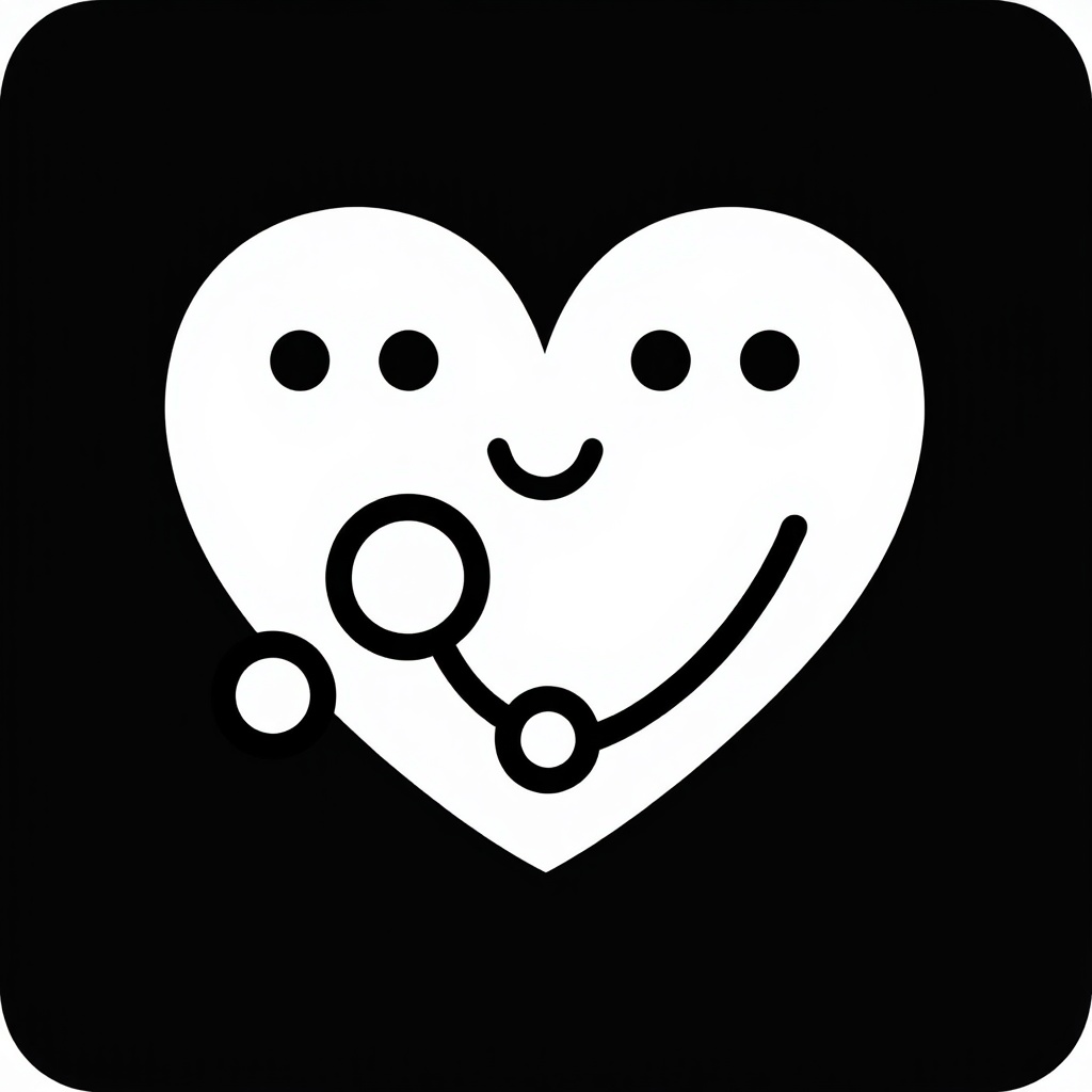 Simple icon idea for a repeatable pattern or small element: A stethoscope cleverly shaped into a heart, with a very minimalist smiling face (two dots for eyes, one curve for mouth) inside the heart's loop.