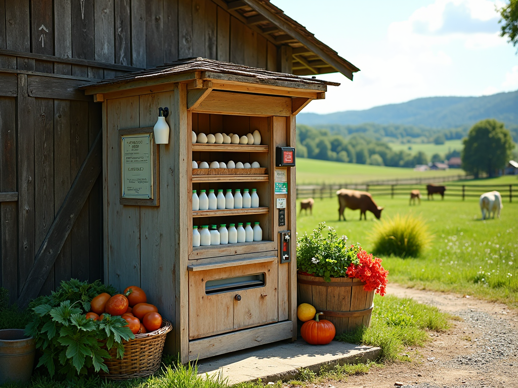 A rural community's self-service station with a vending machine offering fresh eggs, milk, and other local farm produce, set amongst picturesque farmland.