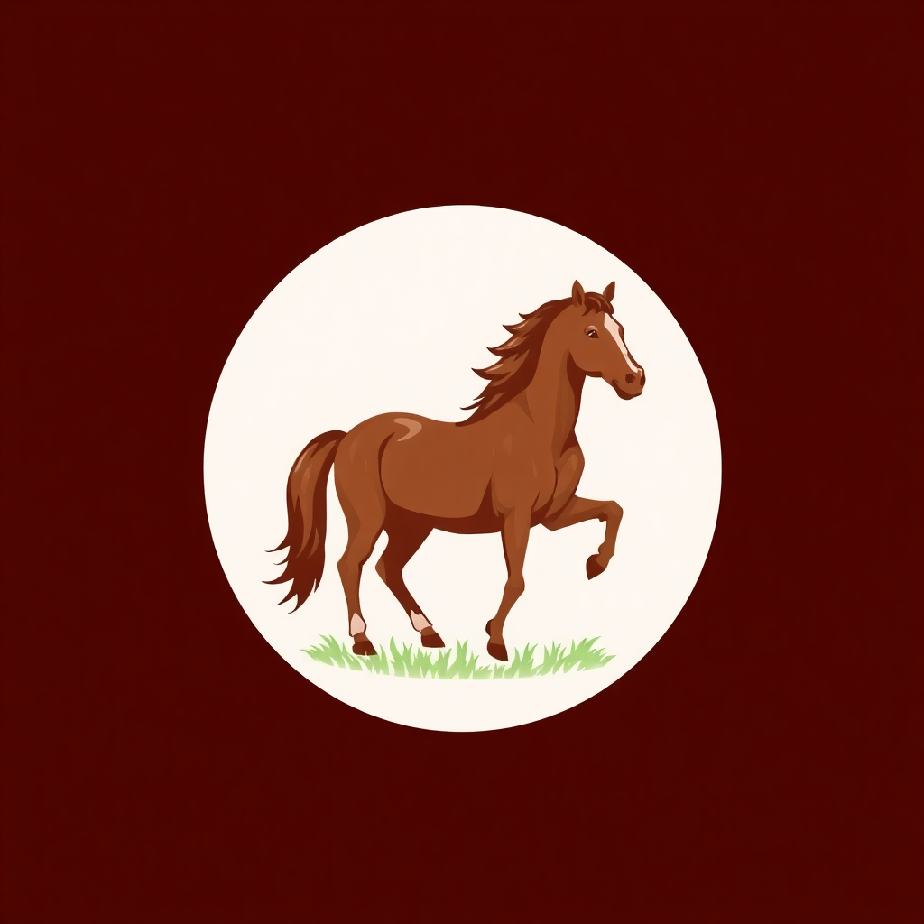 The image is a circular illustration of a brown horse galloping on a grassy field. The horse is in mid-stride, with its legs stretched out and its head turned to the side. Its mane and tail are flowing in the wind. The background is a solid maroon color, and the horse is outlined in white. The overall style of the illustration is simple and cartoon-like.