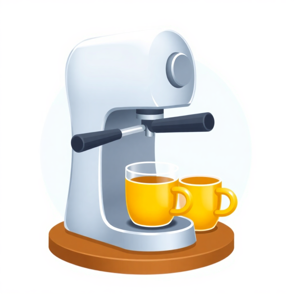 The image is an illustration of a coffee machine. The machine is white in color and has a cylindrical shape with a handle on the top. It is placed on a wooden base. On the base, there are two yellow cups, one filled with a dark liquid and the other with a lighter liquid. The cups are placed side by side, with the larger cup on the left and the smaller one on the right. The coffee machine appears to be in good condition with no visible damage or wear.