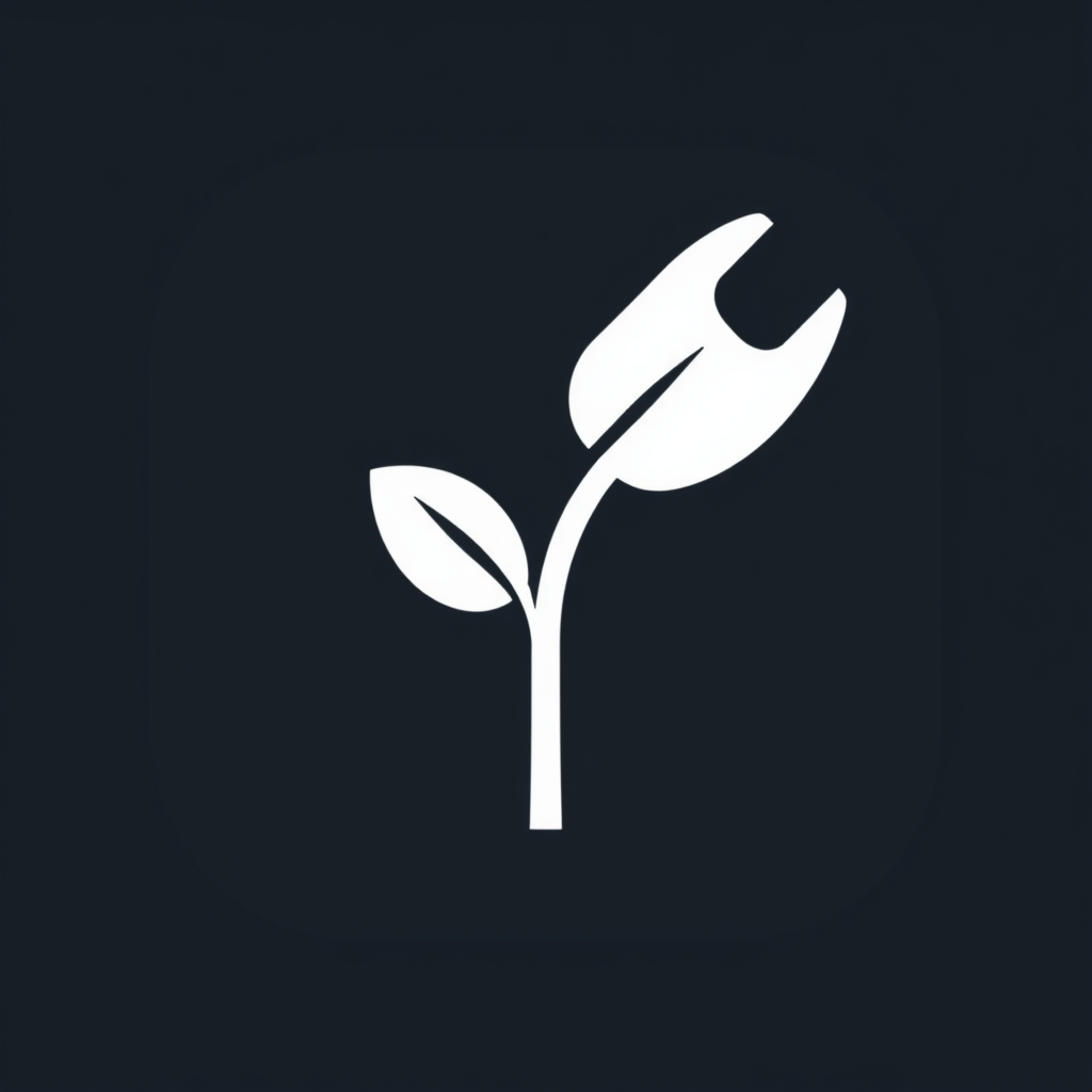 Simple Icon Idea: A clean, geometric icon combining a single, bold sprout leaf silhouette with the outline of a fundamental tool like a wrench head or shovel blade, suitable for small applications.