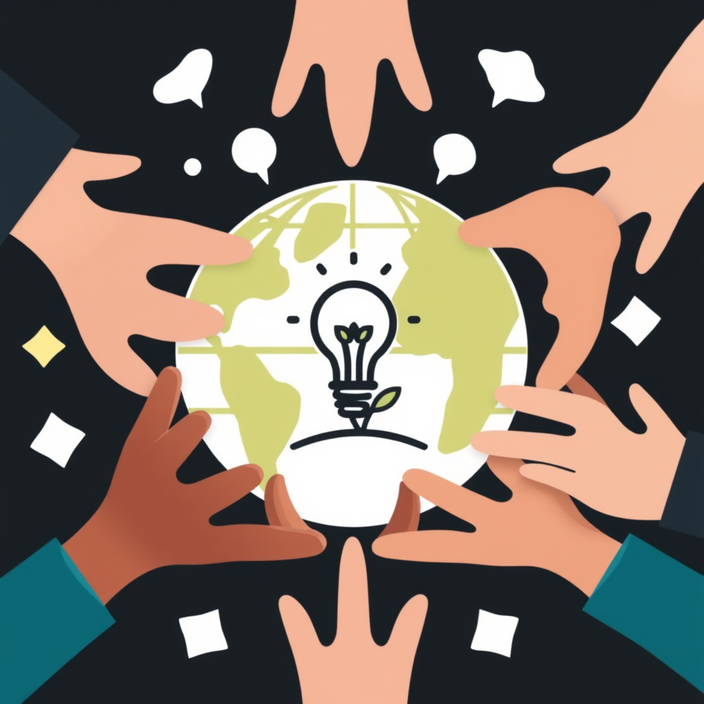 Sub-Design Idea 4: Shared Innovation Spark. A central icon (e.g., a lightbulb for ideas, a seedling for growth) surrounded by abstract global elements or simplified hands, symbolizing shared design innovation and unity.