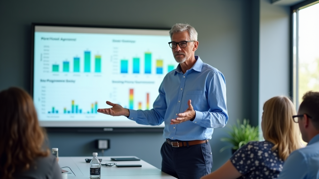 A senior analyst conducting a workshop on improving policies, with graphs and data points projected onto a large screen behind them.