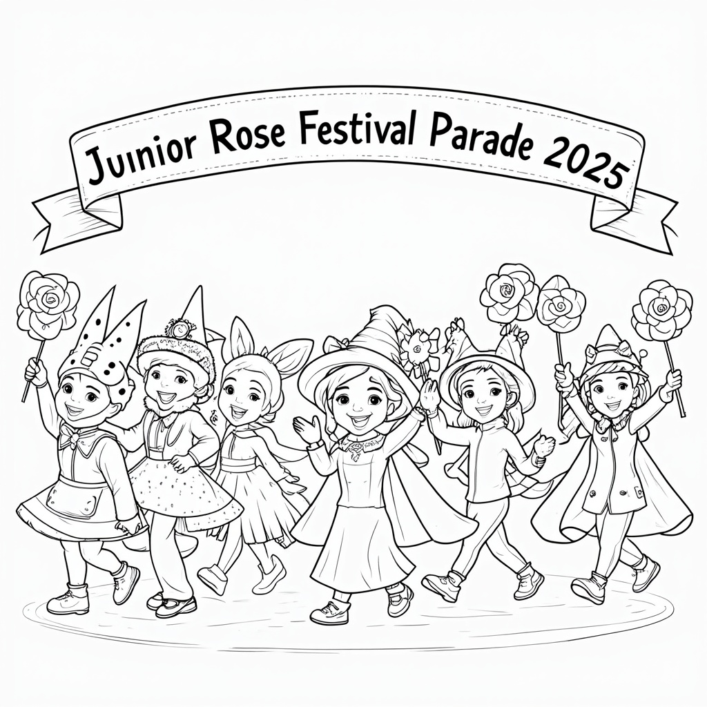 Children in imaginative costumes (e.g., animals, storybook characters, tiny community helpers) marching joyfully, waving handmade props adorned with rose motifs. A simple banner stating 'Junior Rose Festival Parade 2025' could be in the background.