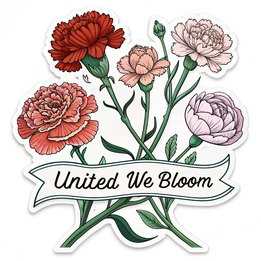 Design Idea 4: Several blooming carnations with intertwining stems to symbolize solidarity and community within the labor movement, potentially using different shades of red/pink. Text example: 'United We Bloom' or 'Solidarity in Bloom'.