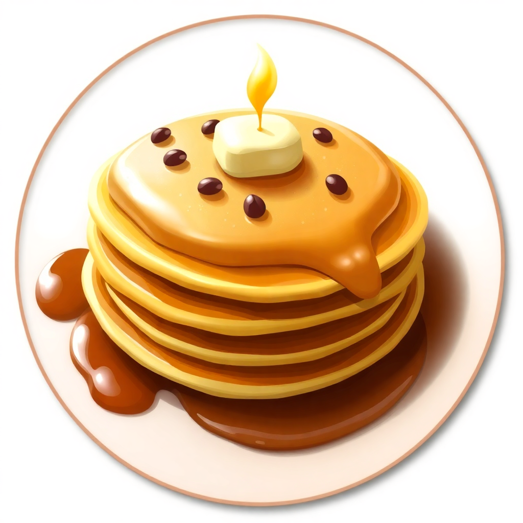 The image is a digital illustration of a stack of pancakes on a white plate. The pancakes are golden brown and appear to be freshly made. On top of the stack, there is a small dollop of butter and a drizzle of syrup. The syrup is dripping down the sides of the pancakes. The plate is round and has a light pink color. The background is white.