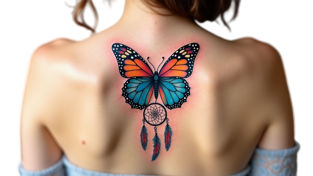 Tattoo of a butterfly merging with a dreamcatcher design, representing protection and transformation on the upper back.