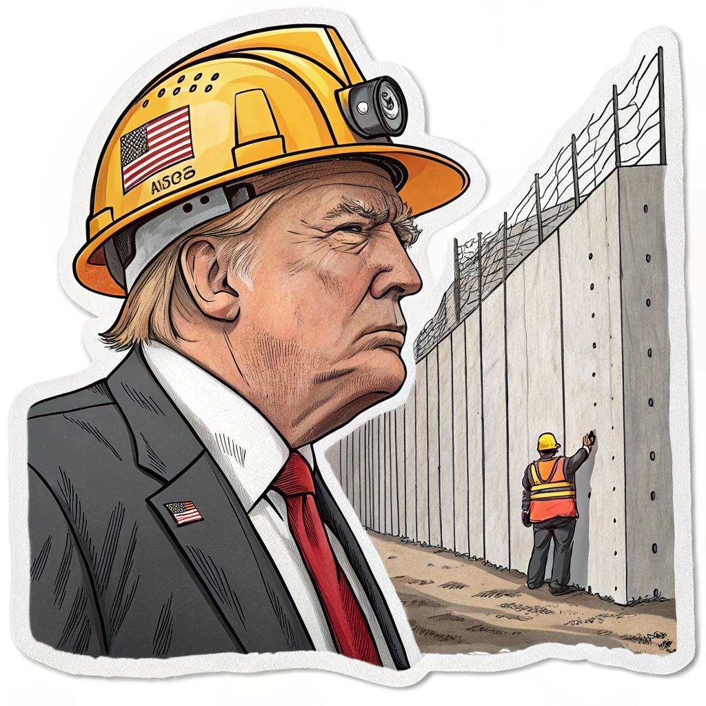 A sticker featuring Donald Trump with a determined expression, wearing a construction hard hat, and in the background a partially built wall.