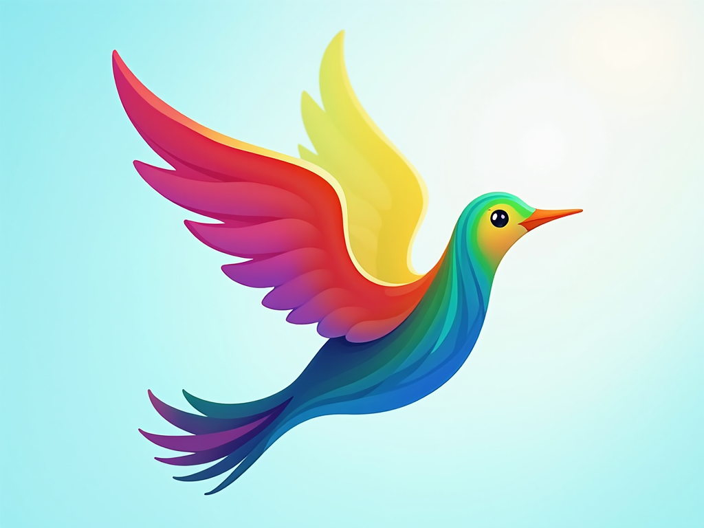 A minimalist bird silhouette filled with a vibrant, swirling rainbow pattern, giving a sense of movement and dynamism.