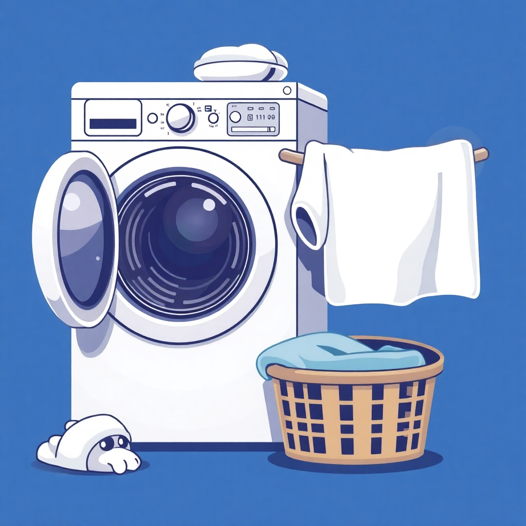 The image shows a washing machine with a basket of clothes next to it. The washing machine is animated and there is a towel hanging from a hanger next to the basket. The background is a bright blue color.