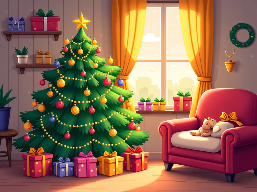 The image shows a living room with a Christmas tree decorated with colorful ornaments, lights, and a star on top. On the right side of the tree is a red chair with a teddy bear on it, and on the left side is a stool with a potted plant. In the background, there are gift boxes on the shelves, a window with curtains, and an object attached to the wall.