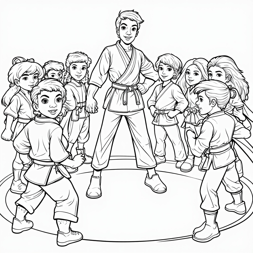 A coloring page featuring young superheroes learning combat techniques from a seasoned mentor.