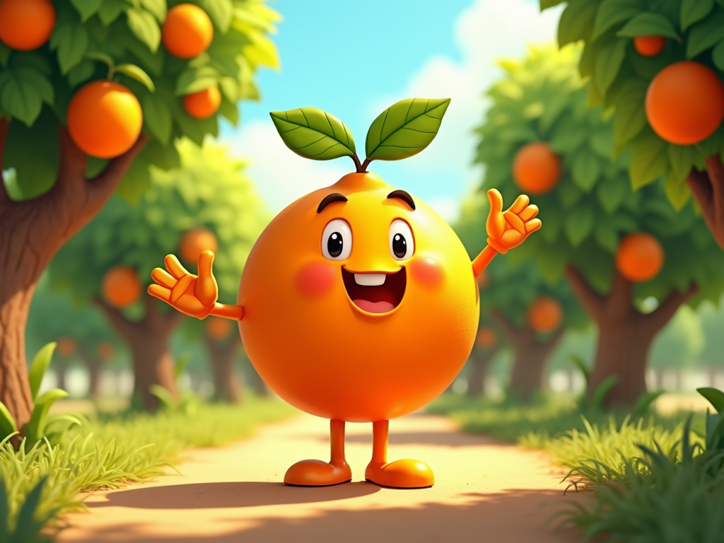  a cartoon orange character standing in an orange grove. The character has a big smile on its face and two green leaves on its head. It has two arms and two legs, and its hands are raised in a welcoming gesture. The background shows rows of orange trees with ripe oranges hanging from their branches. The sky is blue and the ground is covered in green grass. The overall mood of the image is cheerful and happy.