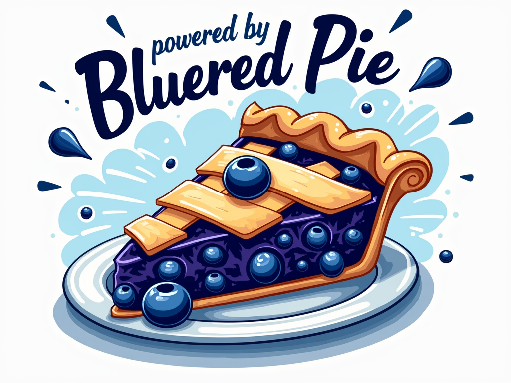 A stylized illustration of a slice of blueberry pie with dynamic action lines or steam radiating from it, suggesting energy, placed above or beside the slogan 'Powered by Blueberry Pie'.