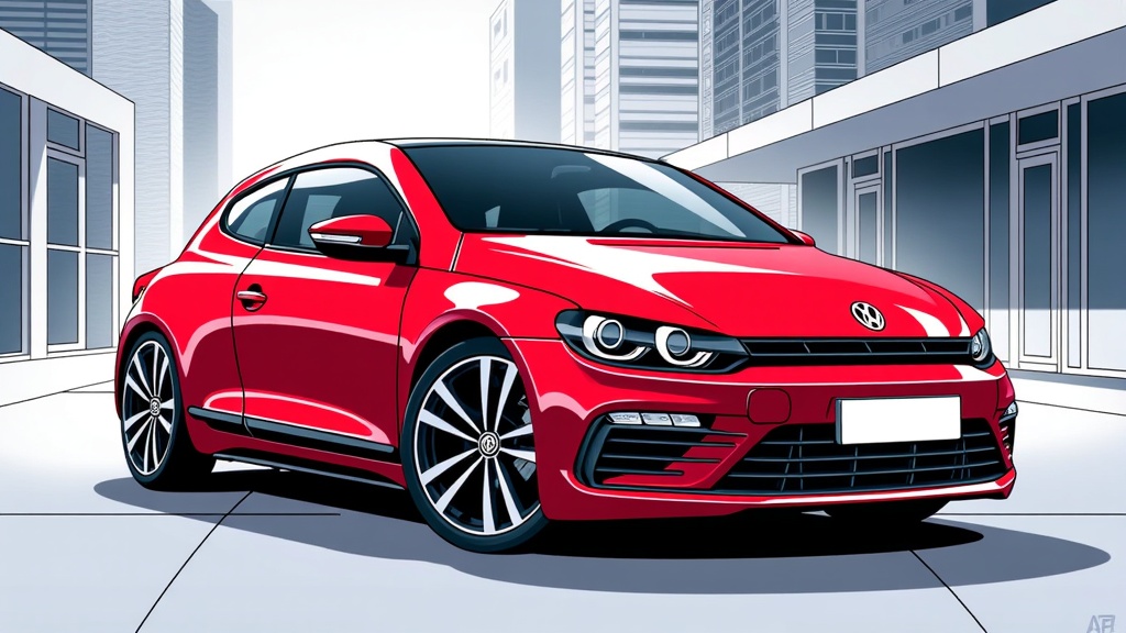 The image is a digital illustration of a red Volkswagen Golf GTI car parked in front of a modern building. The car is a two-door coupe with a sleek and sporty design. It has a large front grille with the Volkswagen logo in the center and the word Volkswagen written in white on the grille. The body of the car is predominantly red with black accents on the hood and roof. The wheels are black with silver rims. The background shows a cityscape with tall buildings and a clear blue sky. The overall color scheme of the image is bright and vibrant, with a mix of red, black, and white.