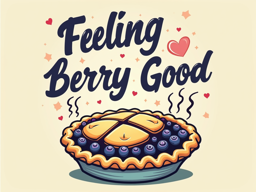 A retro-style design featuring 'Feeling Berry Good' in a vintage script font. Below the text, a simplified, almost cartoonish graphic of a whole blueberry pie with cut-out steam lines rising.