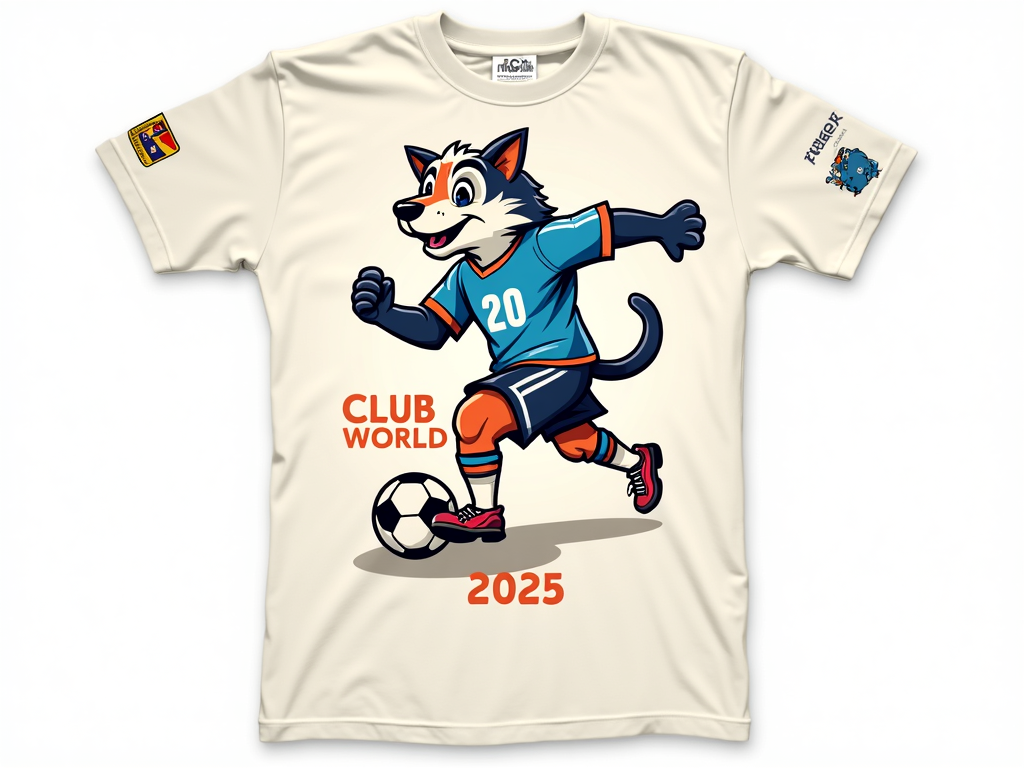 T-Shirt Design Idea 1 (Action Focused): Feature the tournament mascot in a dynamic action pose (e.g., kicking a ball or celebrating) with the tournament emblem subtly placed, perhaps on the sleeve or as a small chest detail. 'Club World Cup 2025' text in a modern, sporty font.