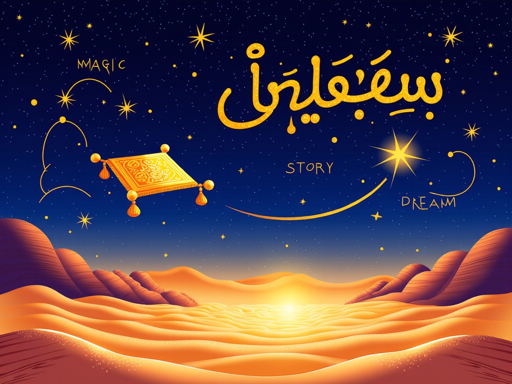 Golden Calligraphy on Night Skies: Illustrations depicting iconic Arabian Nights scenes (e.g., a flying carpet, a desert oasis under stars) where key Arabic words or phrases (like 'magic,' 'story,' 'dream') are rendered in luminous golden calligraphy, appearing as constellations or shimmering trails within the night sky. Typography for titles would be rich and ornate, possibly with celestial motifs.