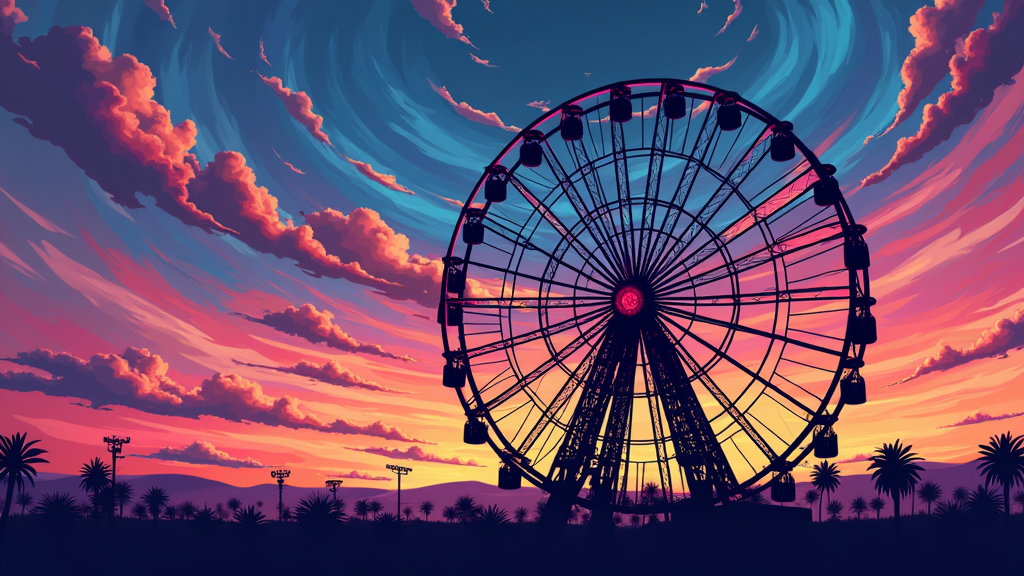 Dreamy Silhouette Wheel: A stylized silhouette of the EDC Ferris wheel against a vibrant, psychedelic dreamscape sky (e.g., swirling sunset or aurora colors), with 'Ferris Wheel Dreams' text subtly integrated into the design.