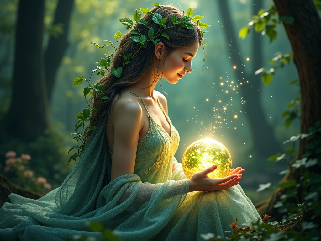 Artistic rendering of a serene Mother Nature figure (hair of leaves, dress of water/mountains) gently cradling a glowing Earth. 'Love Your Mother' text is subtly integrated into her attire or as a celestial banner.