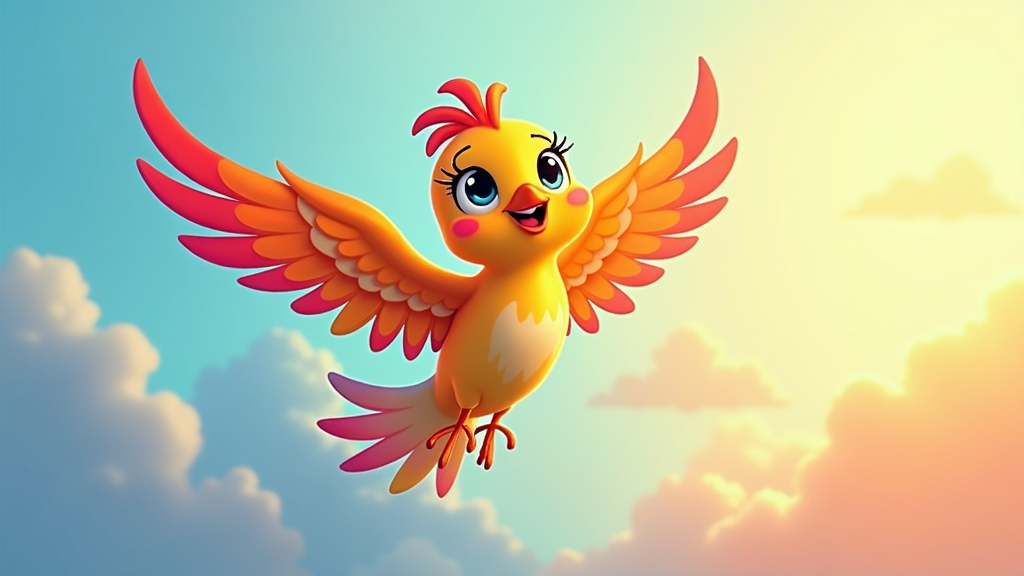 A vibrant, stylized bird with feathers that transition smoothly through the colors of the rainbow, its wings outstretched in flight, against a soft, gradient sky background. The overall style would be dreamy and slightly abstract.