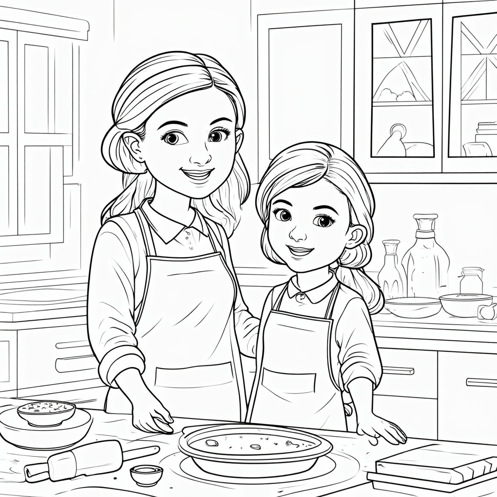 Mom and child wearing matching or themed aprons, surrounded by various baking tools like rolling pins, cookie cutters, measuring cups, and bags of ingredients, ready to start.