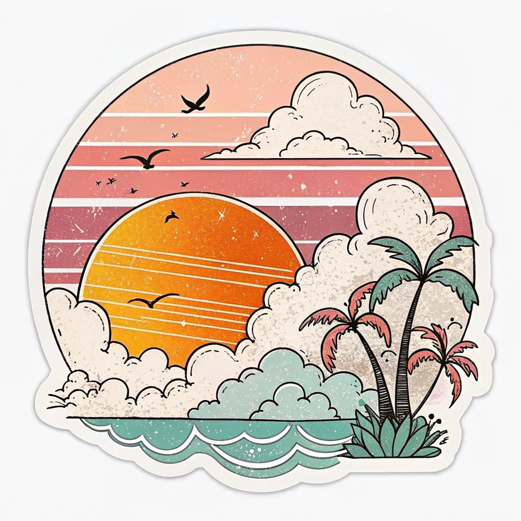 The image is a circular sticker with a colorful illustration of a tropical scene. The background is a gradient of pink, orange, and yellow stripes, with a large orange sun in the center. The sun is surrounded by white clouds and palm trees. There are also a few birds flying in the sky. The bottom of the sticker has a wave-like pattern in shades of blue and green. The overall style of the illustration is cartoon-like and playful.