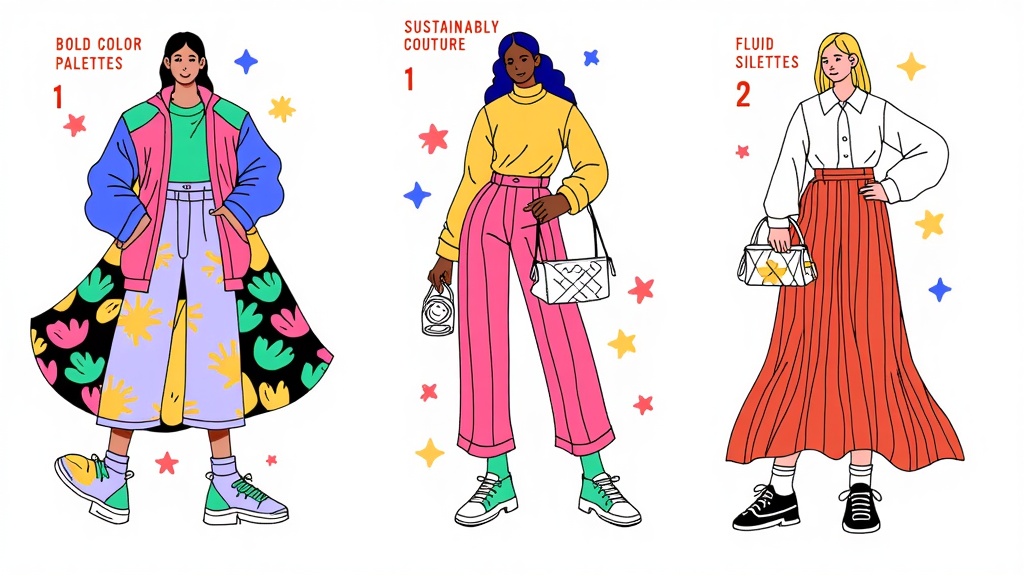 Identify 3-4 overarching fashion trends from NYFW (e.g., specific color palettes, silhouettes, or themes like 'sustainable couture'). Design an illustrative collection for each trend, showcasing multiple outfits or key details that define it, structured like a visual trend digest.