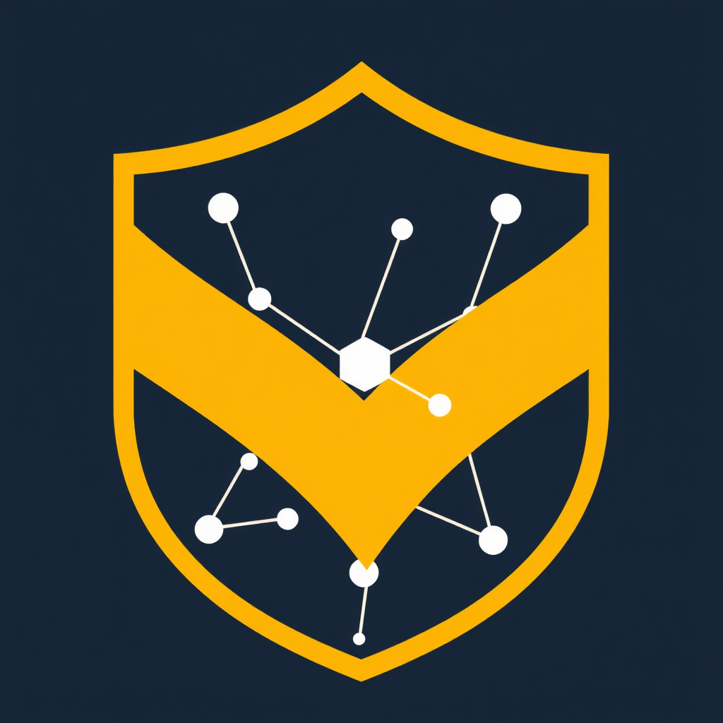 Sub-Design Idea 1: A stylized shield emblem clearly containing abstract network lines and nodes, where nodes are highlighted or distinctly marked as 'secured' within the shield's boundary.