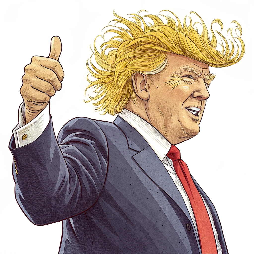 A sticker featuring a cartoonish depiction of Donald Trump with exaggerated hair and a suit, giving a thumbs-up gesture.