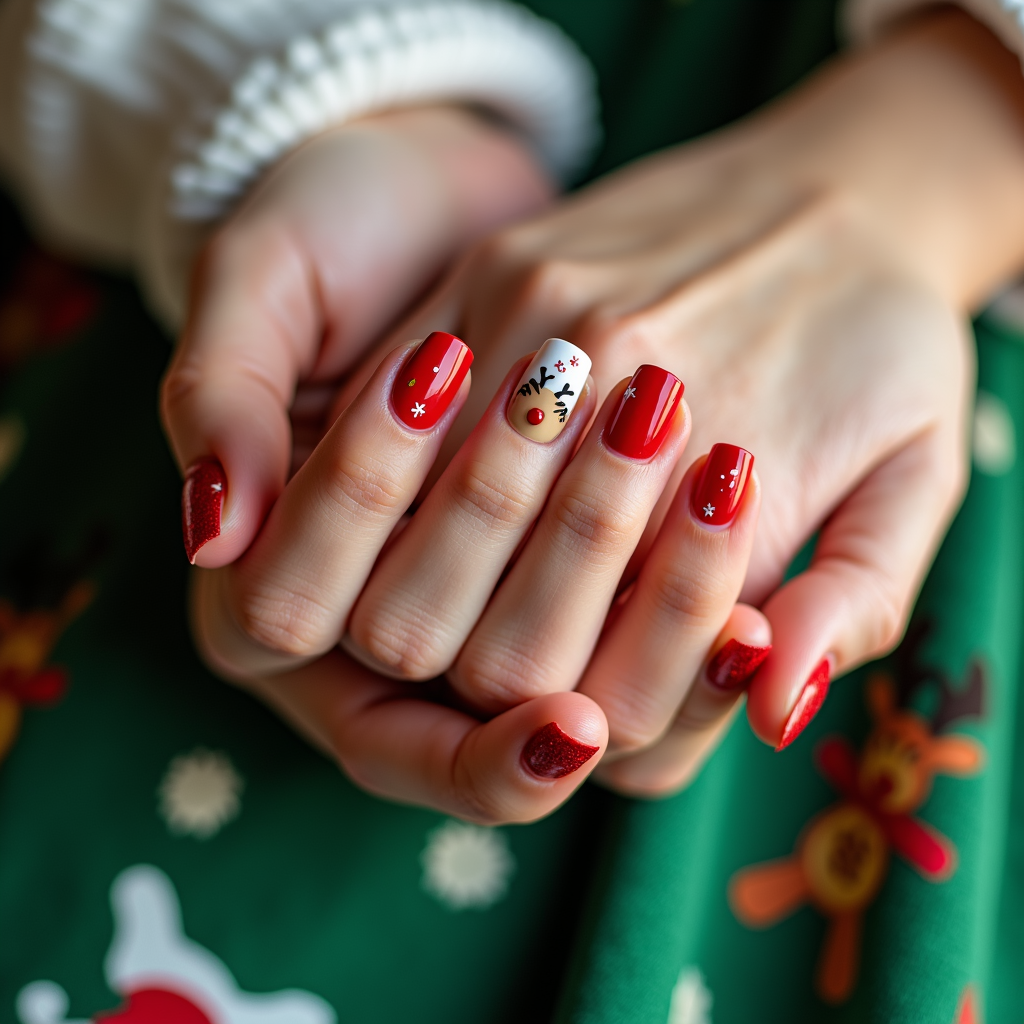  a pair of hands resting on a green fabric with a festive Christmas theme. The hands are clasped together, with the fingers slightly spread apart. The nails are painted with a red polish and have a small white flower design on each ring finger. The background is blurred, but it appears to be a close-up of a person's hands. The overall mood of the image is cheerful and festive.