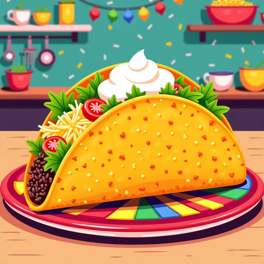 The image is an illustration of a taco on a colorful plate. The taco is golden brown and appears to be freshly made. It is filled with a variety of ingredients, including shredded cheese, lettuce, tomato, and black beans. On top of the taco, there is a dollop of sour cream. The plate is placed on a wooden table with a green wall in the background. There are also pots and pans hanging on the wall. The overall color scheme of the image is bright and vibrant.