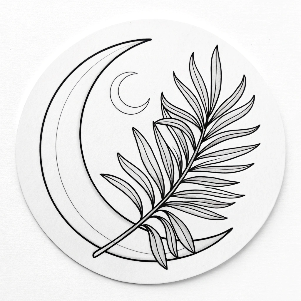 A minimalist design featuring a single line drawing of a palmetto leaf intertwined with a crescent moon silhouette.