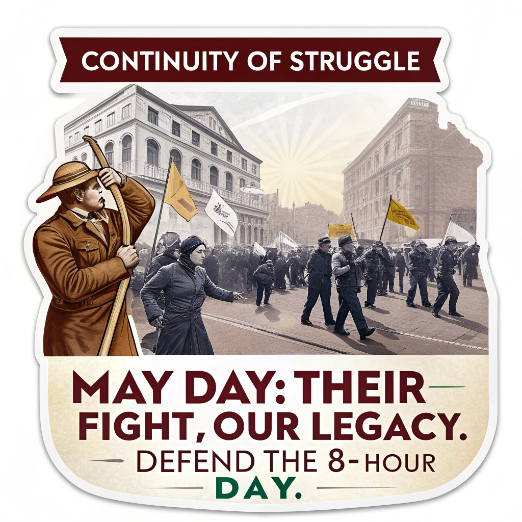 Continuity of Struggle: A design bridging past and present. One half features a historical image (e.g., Haymarket protesters or an old '8 Hours' sign), transitioning into a modern depiction of diverse workers. Text: 'May Day: Their Fight, Our Legacy. Defend the 8-Hour Day.'