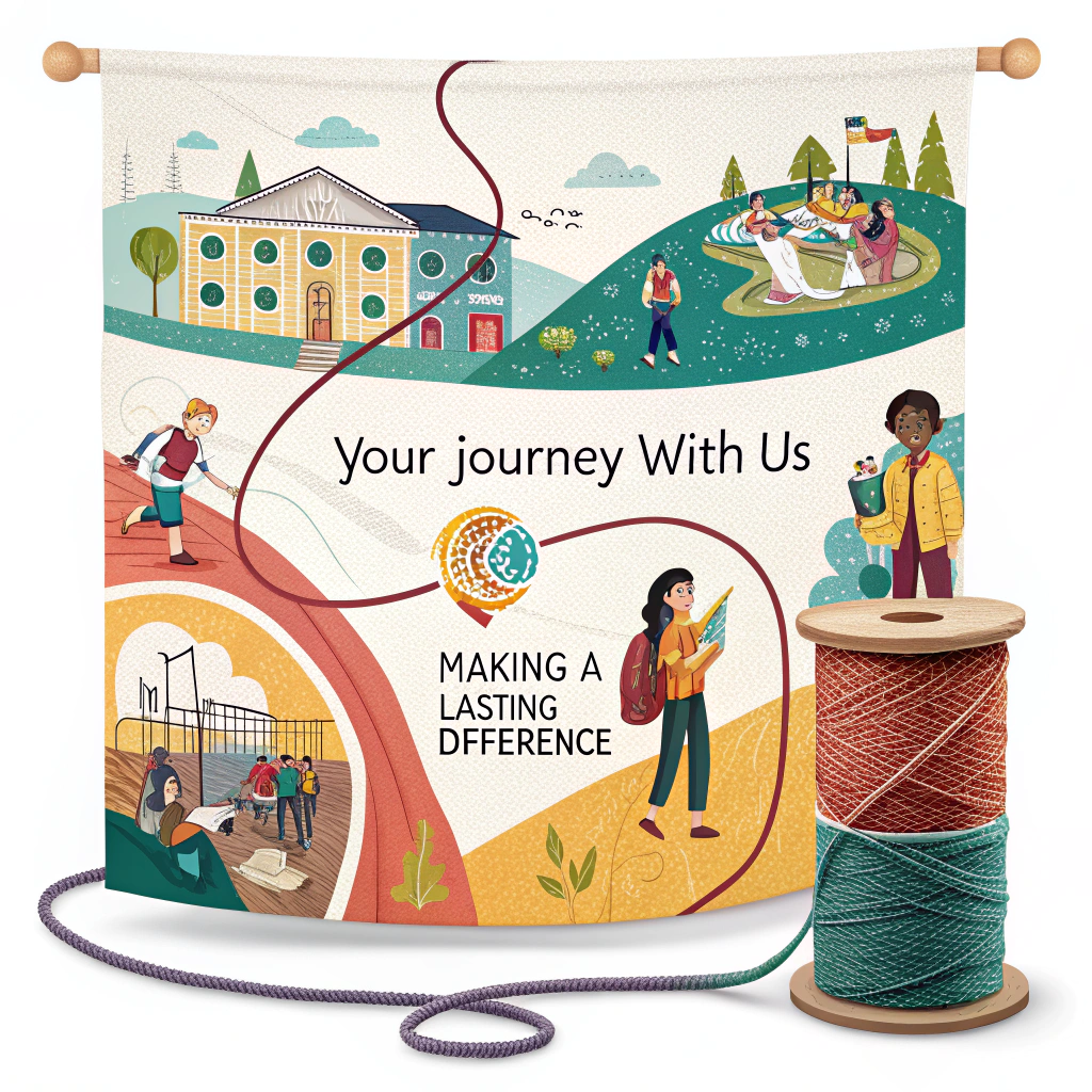 Story Weaver Sticker: A colorful thread (teacher's journey) weaving a tapestry of learning/success scenes. Text 'Your Journey With Us' subtly woven into the thread; 'Making a Lasting Difference' as part of tapestry. Communicates narrative, impact, shared experience.