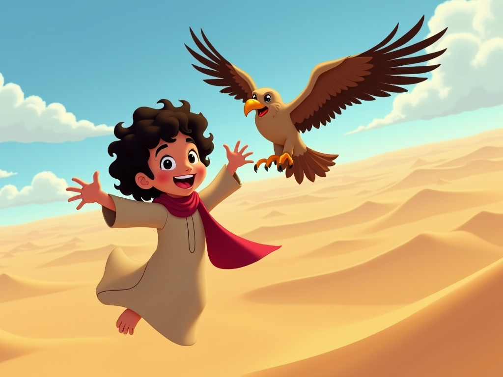 The Qatari boy and his falcon soaring high above the desert, with the boy's laughter echoing, capturing the freedom and joy of the flight.