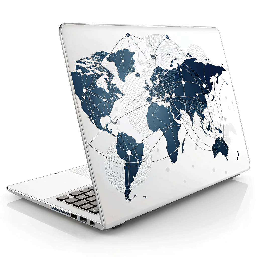 A laptop with a world map as a screensaver, symbolizing global connectivity.