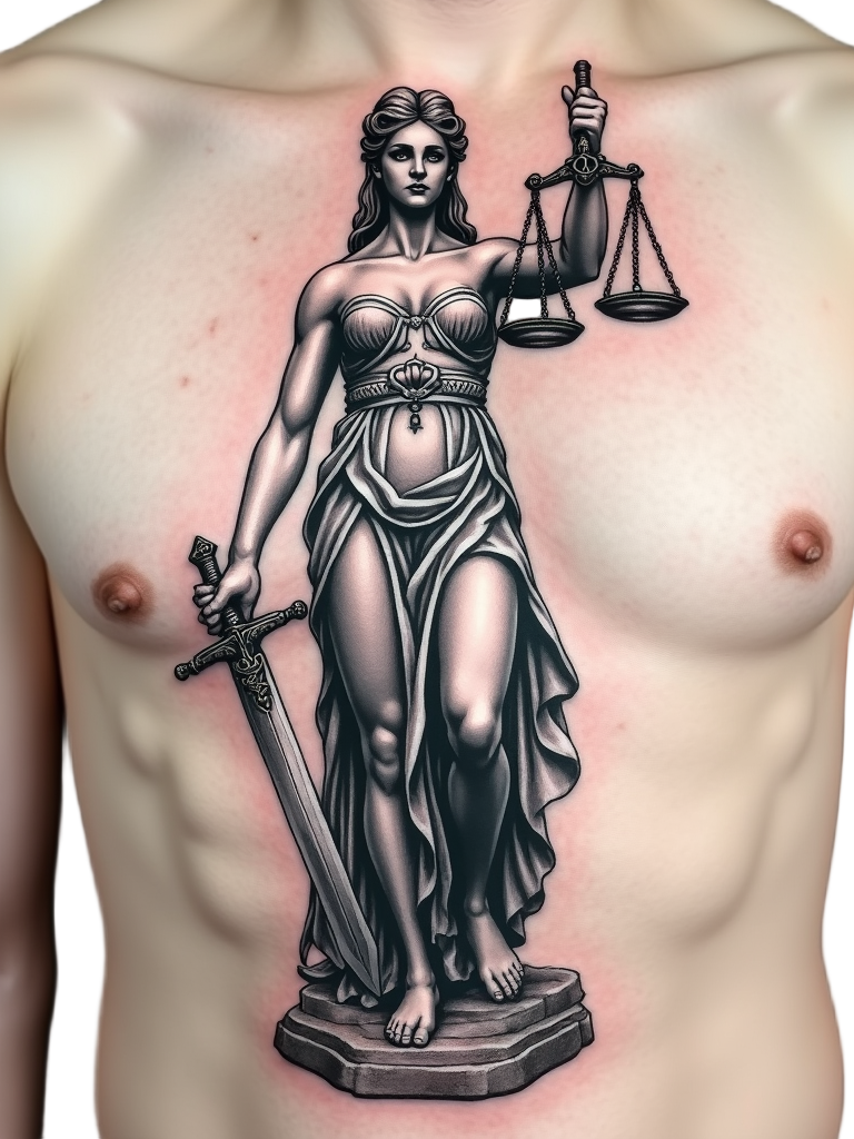 Displayed on the chest, a Lady Justice tattoo expresses strength with bold lines outlining her determined figure.