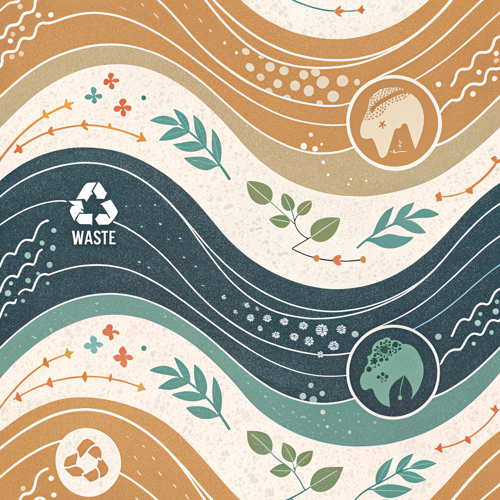 Abstract flowing lines and shapes that subtly depict the transformation of 'waste' into new resources, perhaps using contrasting textures or colors to show the stages of renewal.