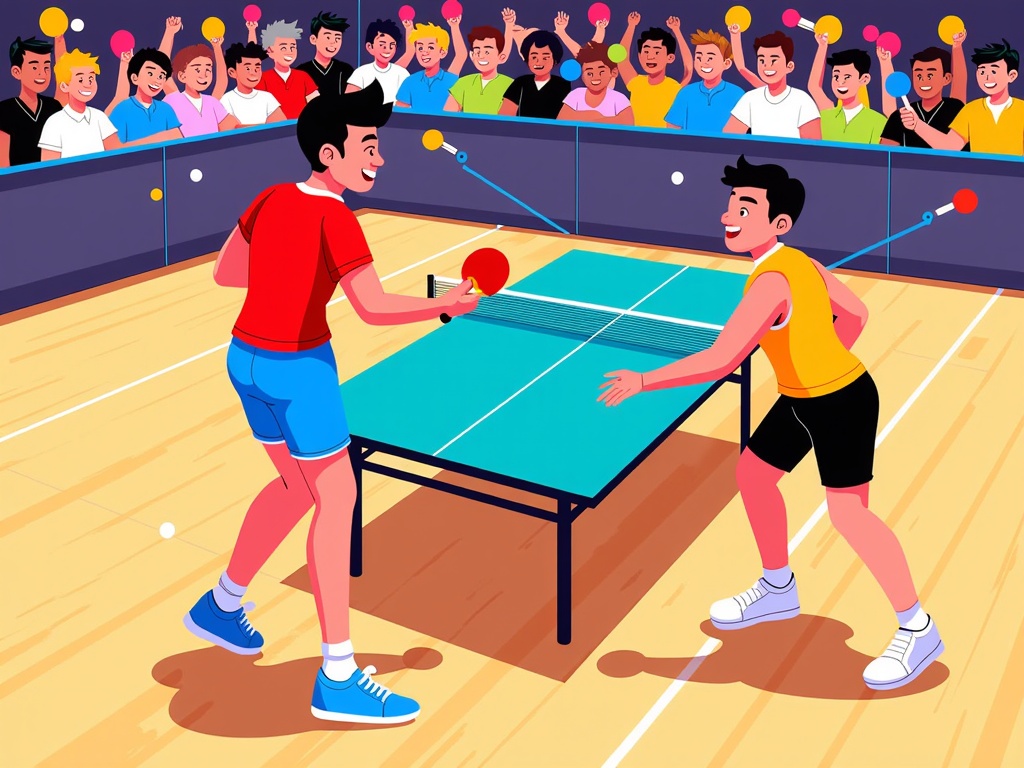  two young men playing table tennis in a large indoor court. The man on the left is wearing a red t-shirt, blue shorts, and white sneakers. He is holding a red ping pong paddle and is in the process of hitting the ball with it. The other man is wearing an orange shirt and black shorts. They are both smiling and appear to be enjoying themselves. In the background, there is a large crowd of people watching the game. The court is made of wood and has a blue tablecloth. The people in the crowd are holding up colorful ping-pong paddles and cheering.