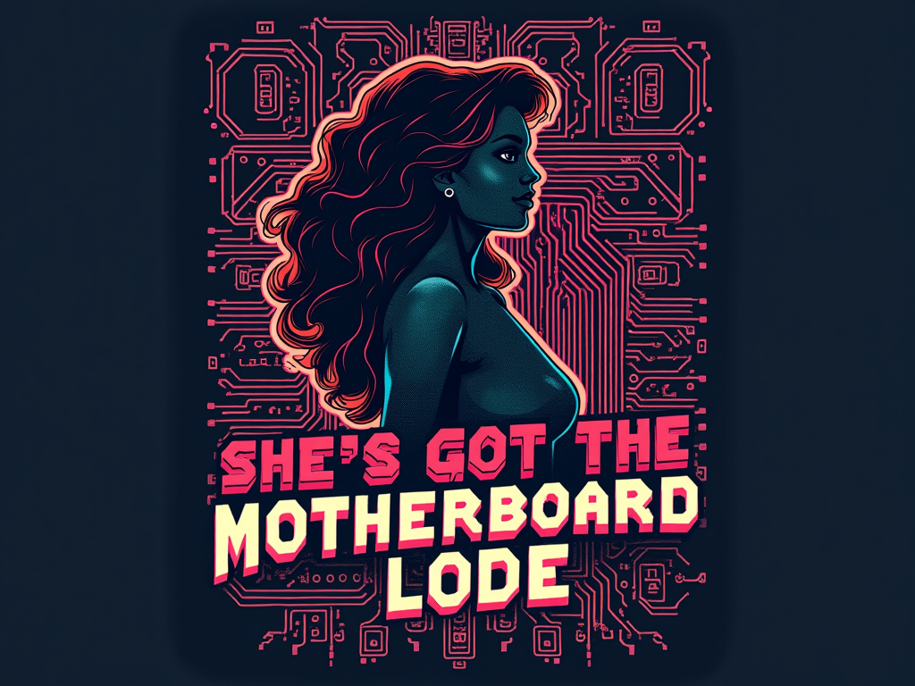 T-shirt design featuring a pixel art illustration of a woman's silhouette seamlessly integrated with a classic computer motherboard's intricate patterns. Accompanying text: 'She's Got the Motherboard Lode' executed in a chunky, retro digital font.