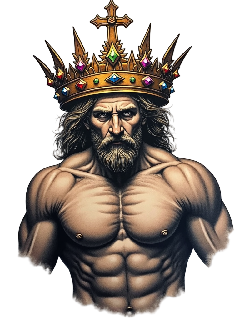 A majestic large crown tattoo on a muscular chest, featuring jewels in place of each point and a gleaming cross at the pinnacle of the crown.