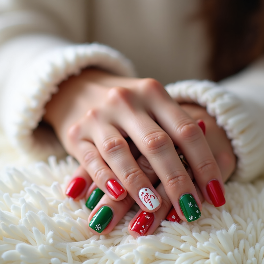  a close-up of a person's hands resting on a white furry surface. The hands are resting on top of each other, with the fingers slightly curled. The nails are painted with a variety of colors, including red, green, and white. Each nail has a unique design on it, including a snowflake, a star, and a flower. The person is wearing a white sweater, and the background is blurred, making the nails the focal point of the image.