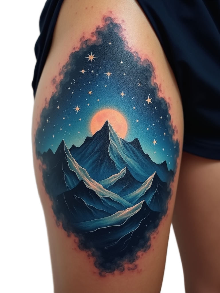 A surreal mountain landscape tattoo on a thigh, showing overlapping ridges and fading into the horizon under a starry sky, evoking a sense of freedom and exploration.