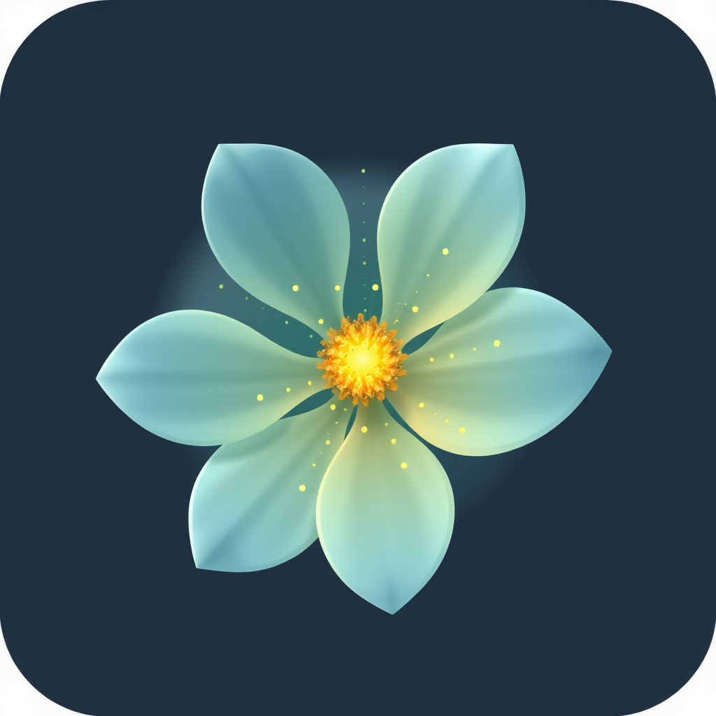 Neural Pollination: An icon showing an abstract flower where its core softly pulses, emitting tiny particles or light trails that represent data points or connections. These particles could subtly form a diffuse neural network pattern around the bloom, with the brain element hinted at in the flower's symmetrical structure or its central 'intelligence'.