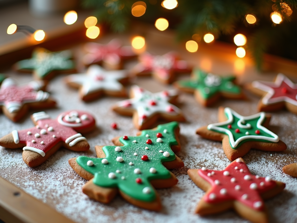  a wooden tray filled with decorated Christmas cookies. The cookies are in various shapes and sizes, including star-shaped cookies in red, green, and white colors. Some of the cookies are decorated with white icing and sprinkles, while others are in the shape of Christmas trees. The tray is covered in a light dusting of powdered sugar, and there is a small Christmas tree in the background with string lights hanging from it. The overall mood of the image is festive and cheerful.