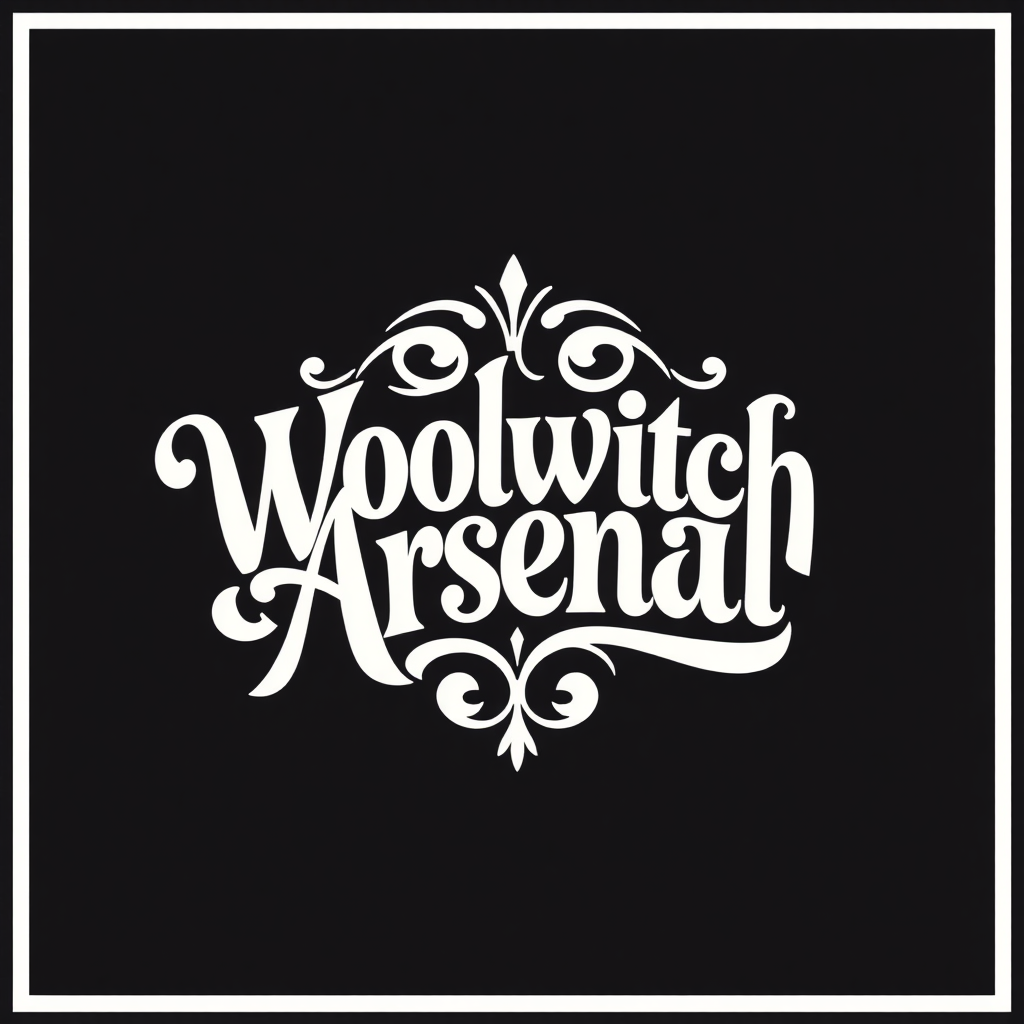 A typographic badge with 'Woolwich Arsenal' in an elegant, flowing Art Nouveau-inspired script or custom lettering, featuring subtle organic decorative elements within a curved or unconventional badge outline.