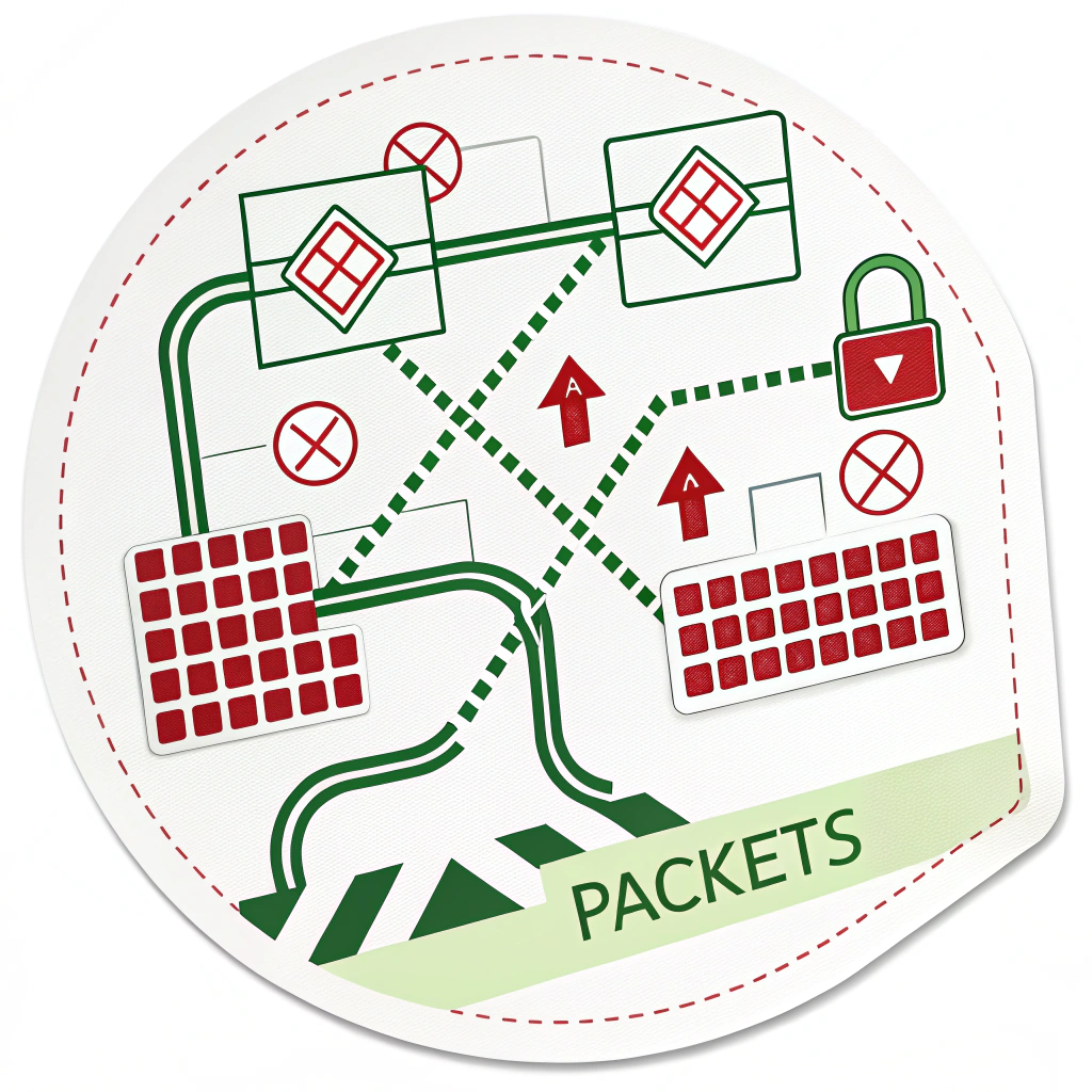 Sub-design 3: Illustrate digital 'packets' of data (e.g., small squares or chevrons) moving along pathways between nodes. Secure pathways could be illuminated or colored green, while attempted intrusions (red packets) are stopped by a firewall-like barrier at a node.