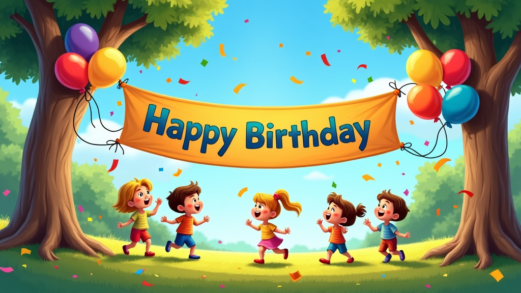 A festive birthday banner with colorful balloons and confetti, spelling out 'Happy Birthday' in bold, playful letters.